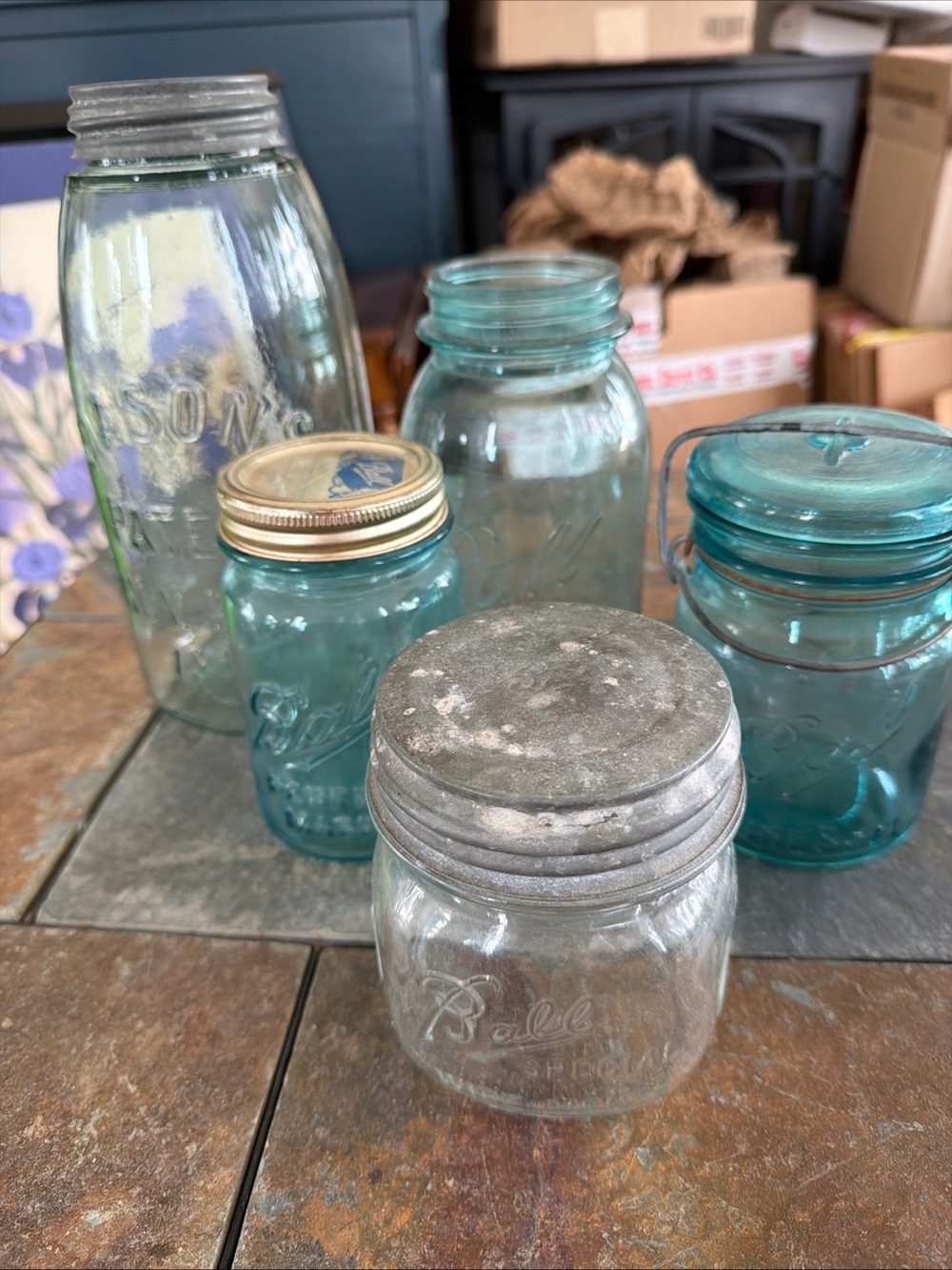 Vintage Blue Glass Ball & Mason Jars - 1858 1/2 gal., Perfect Mason….